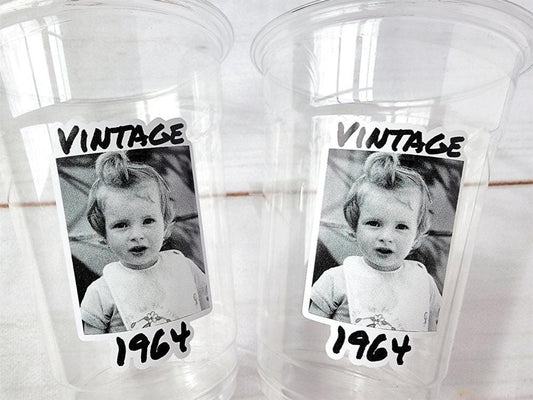 Personalized 16oz plastic party cup with custom photo and text. Clear face cup ideal for birthdays, graduations, weddings, and party favors.