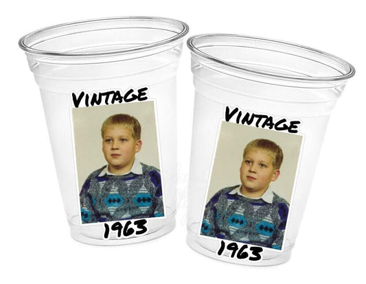 Custom Photo Birthday Cups with Year | Personalized Plastic Party Cups | Vintage Est Year Face Cups for Party Decorations & Favors Supplies