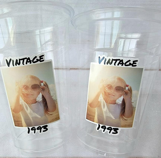 Custom Photo Cups 16oz | Personalized Plastic Party Cups with Text & Picture | Face Cups Birthday Favors | Vintage Year Est Cups Decorations
