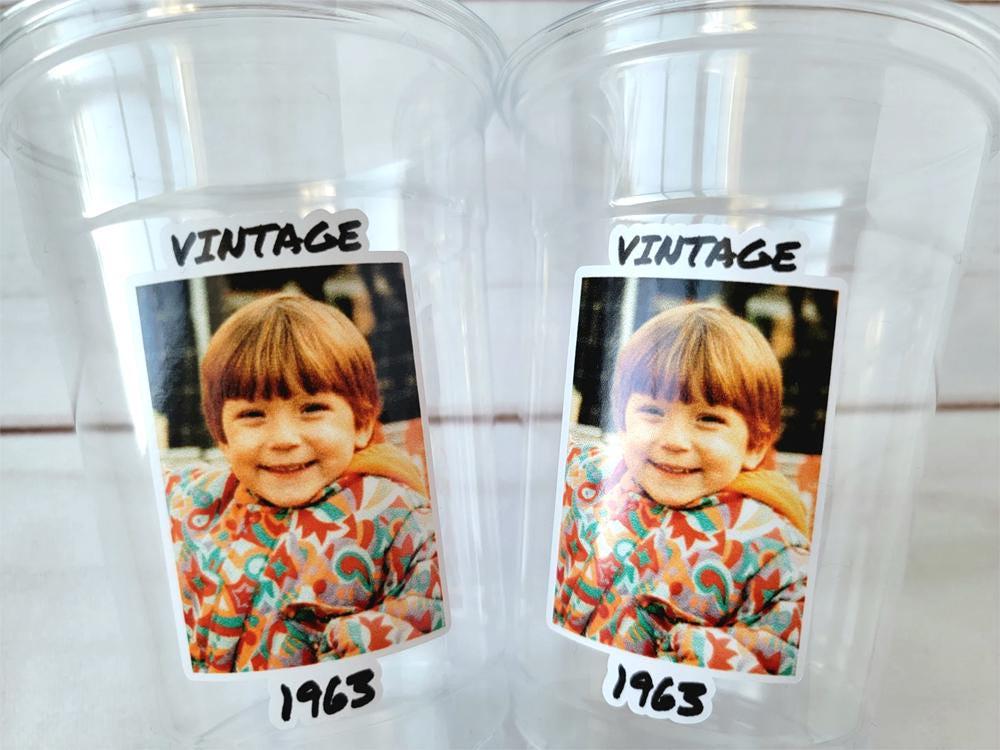 Custom Photo Cups 16oz | Personalized Plastic Party Cups with Text & Picture | Face Cups Birthday Favors | Vintage Year Est Cups Decorations