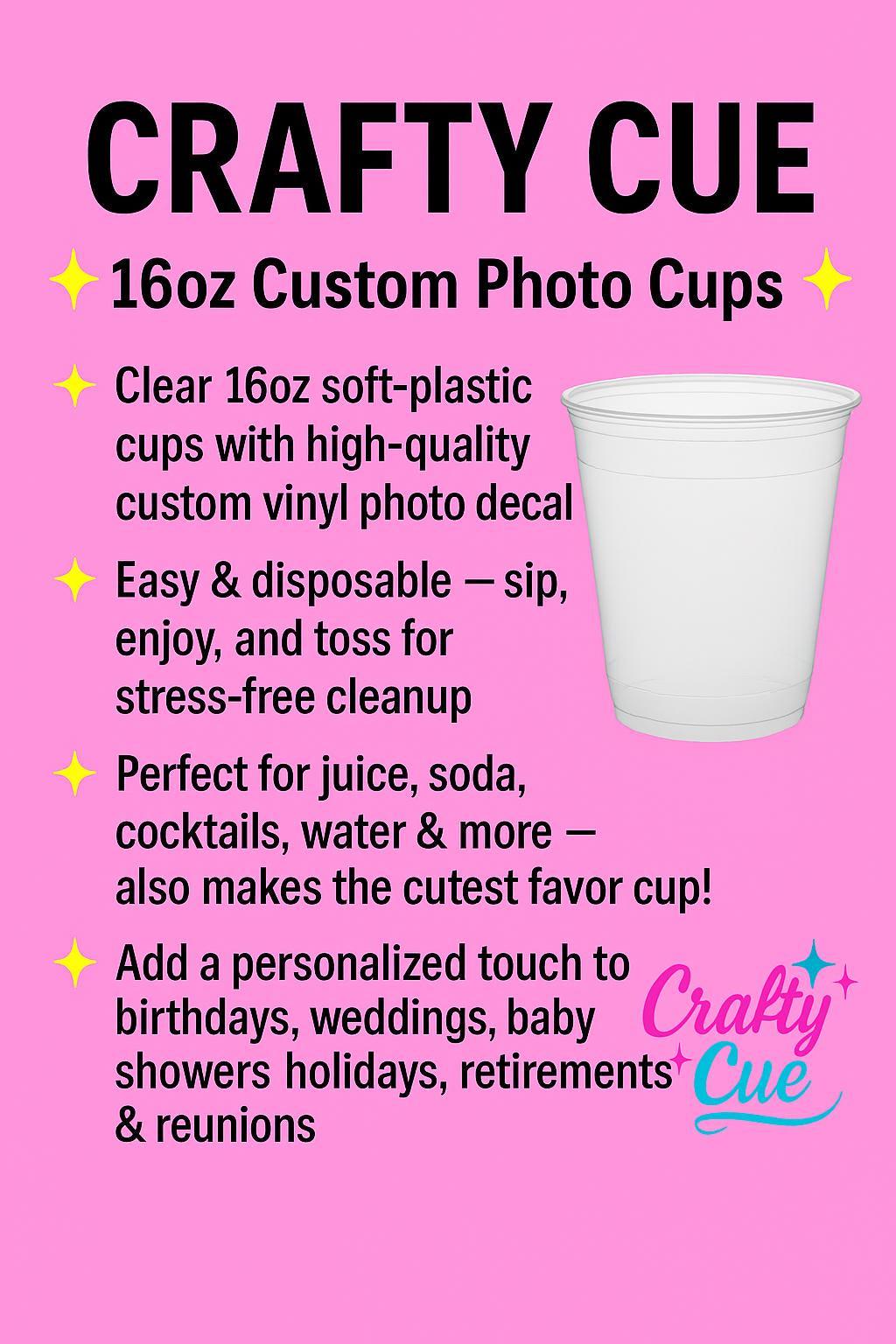 Custom Photo Cups 16oz | Personalized Plastic Party Cups with Text & Picture | Face Cups Birthday Favors | Vintage Year Est Cups Decorations