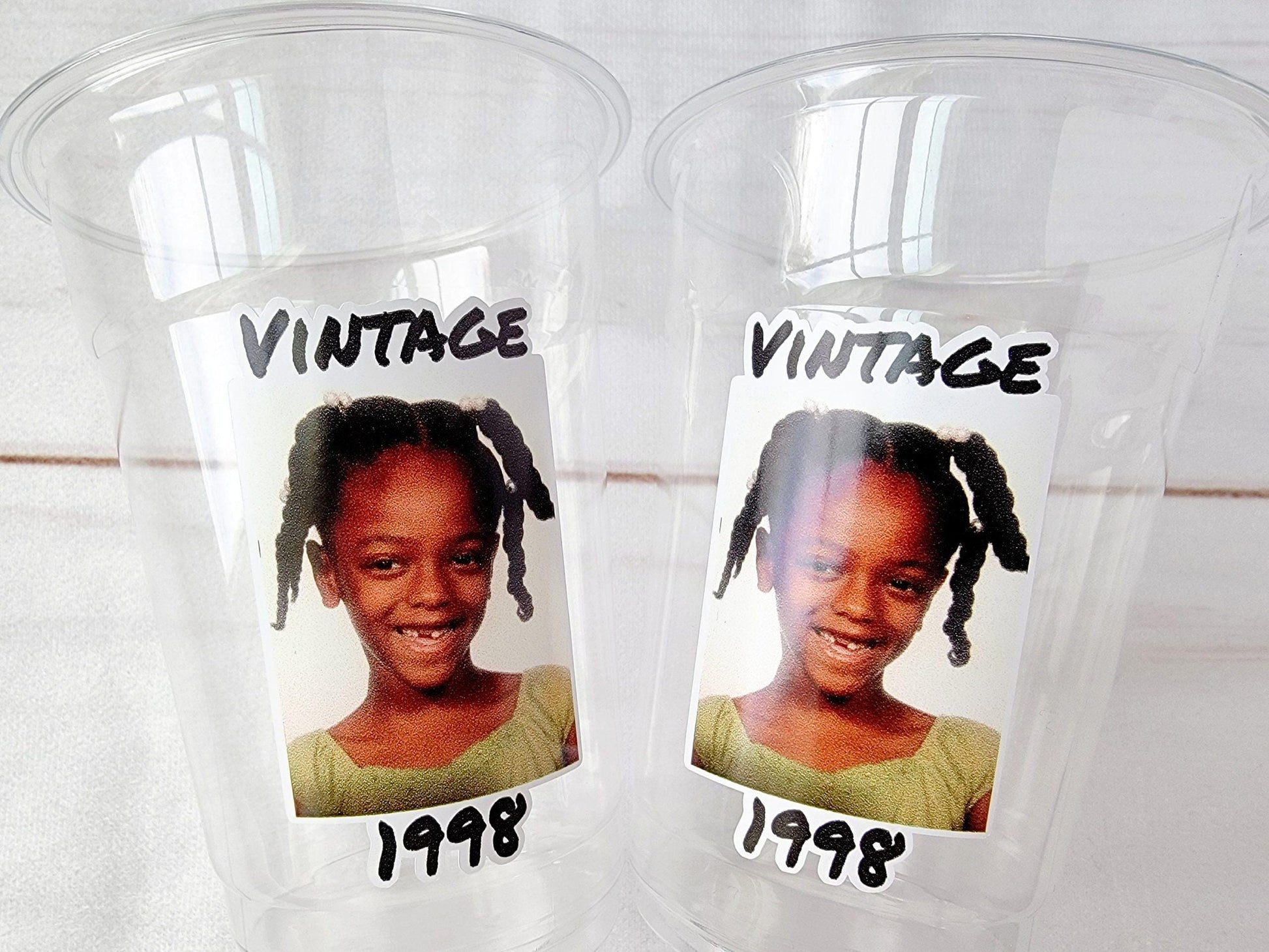 Custom Photo Cups 16oz | Personalized Plastic Party Cups with Text & Picture | Face Cups Birthday Favors | Vintage Year Est Cups Decorations