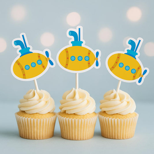 Submarine Cupcake Toppers, Under the Sea Party Decorations, Nautical Baby Shower, Ocean Theme Birthday, Yellow Submarine Picks, Party Decor