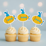 Submarine Cupcake Toppers, Under the Sea Party Decorations, Nautical Baby Shower, Ocean Theme Birthday, Yellow Submarine Picks, Party Decor