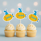 Submarine Cupcake Toppers, Under the Sea Party Decorations, Nautical Baby Shower, Ocean Theme Birthday, Yellow Submarine Picks, Party Decor