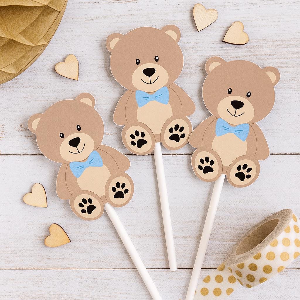 Teddy Bear Cupcake Toppers, Teddy Bear Baby Shower Decorations, Boy Baby Shower Party Supplies, Teddy Bear Cake Toppers, Teddy Bear Picks