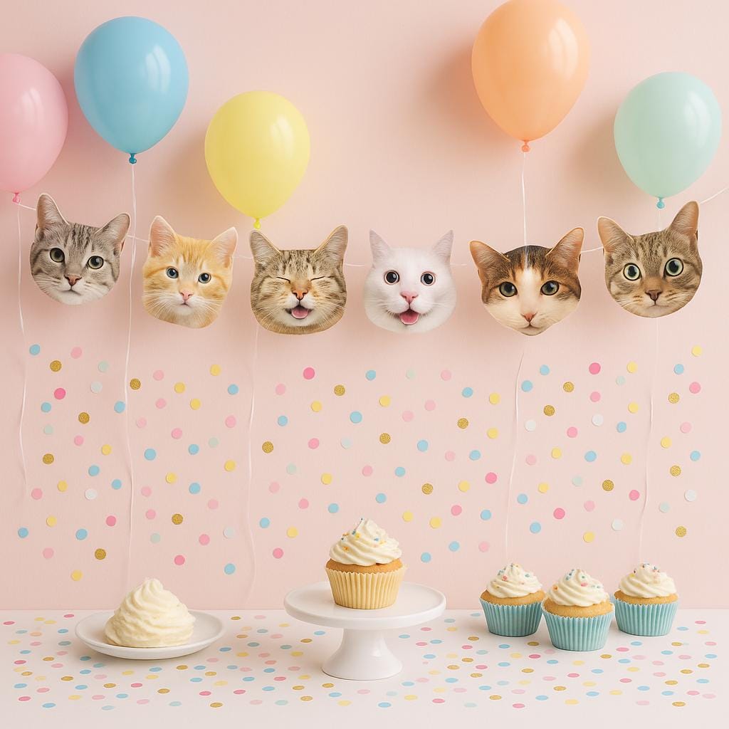 This CAT FACES GARLAND / CAT BANNER would be perfect for your cat birthday party, etc...  You can use it to decorate a wall, nursery, room, backdrop, dessert table, used as a photo prop and more. It can be used for so many things!