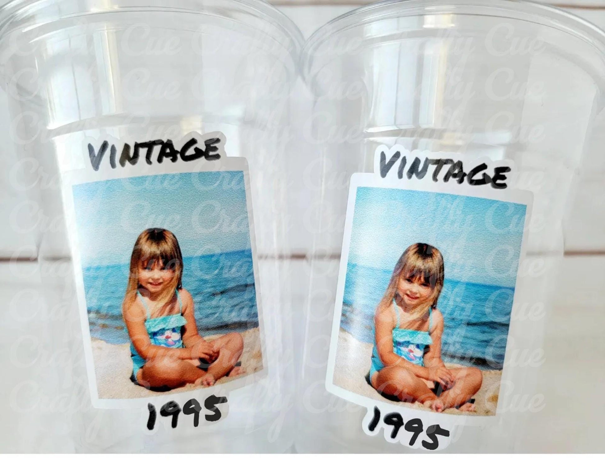 Custom 16oz clear party cup with your photo, name, or year. Personalized plastic cup for birthday favors, weddings, graduations, and party decorations.