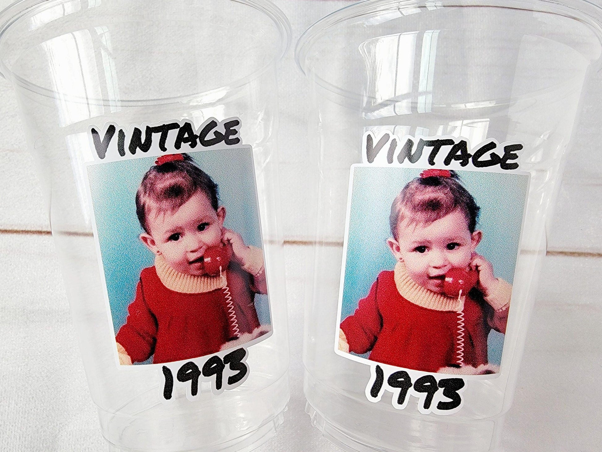 Custom Photo Cups 16oz | Personalized Plastic Party Cups with Text & Picture | Face Cups Birthday Favors | Vintage Year Est Cups Decorations