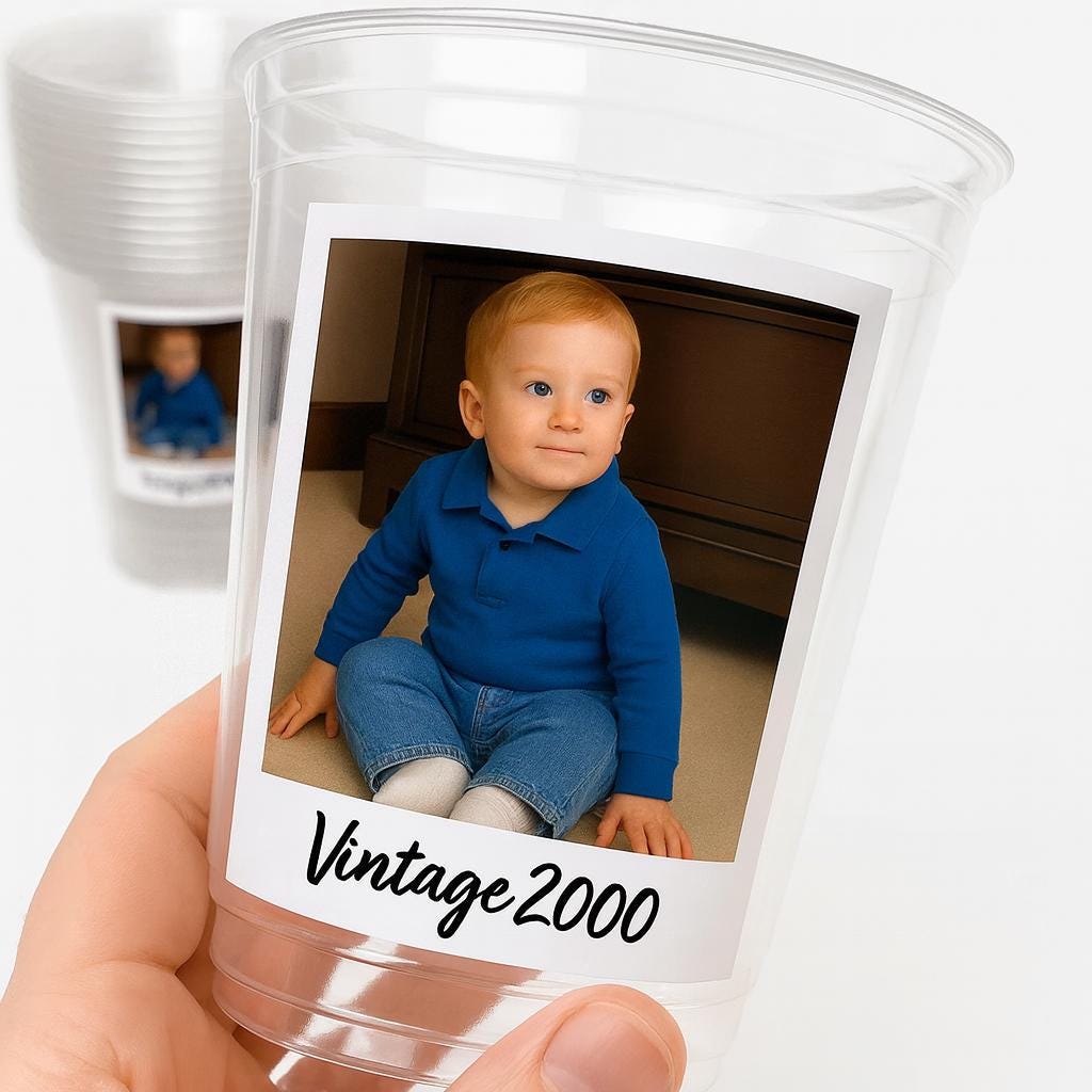 Custom Photo Cups 16oz Personalized Plastic Cups with Text for Parties Events Birthday Supplies Decorations Vintage Est Year Face Picture