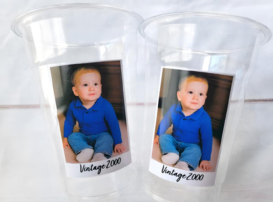 Custom Photo Cups 16oz Personalized Plastic Cups with Text for Parties Events Birthday Supplies Decorations Vintage Est Year Face Picture