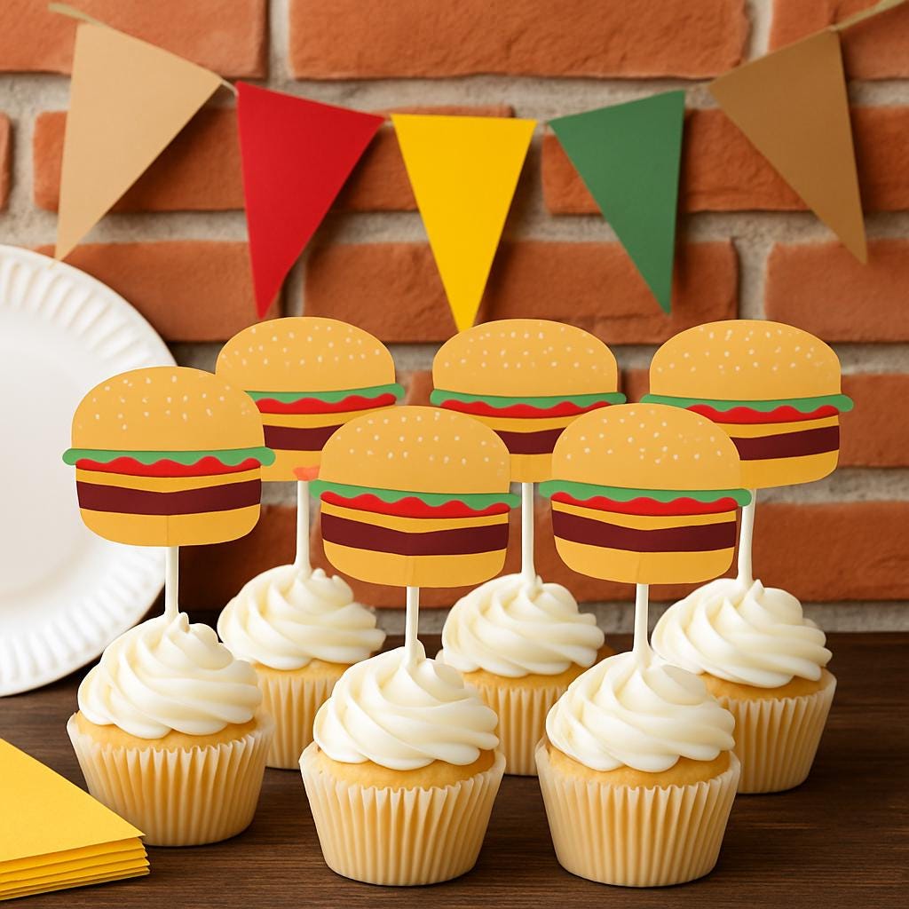 Hamburger Cupcake Toppers, Barbecue Cupcake, Fast Food Cupcake Toppers, Cook Out Cupcake Toppers, Cheeseburger cupcake toppers, Burger Party
