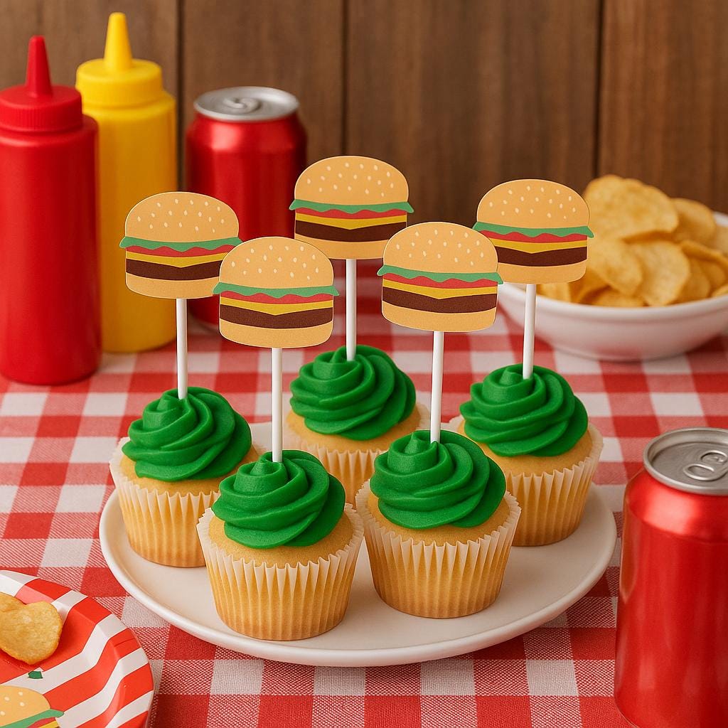 Hamburger Cupcake Toppers, Barbecue Cupcake, Fast Food Cupcake Toppers, Cook Out Cupcake Toppers, Cheeseburger cupcake toppers, Burger Party