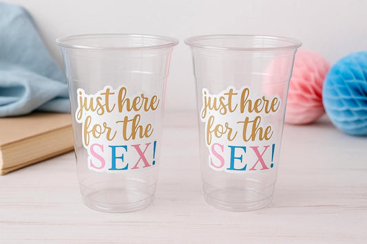 GENDER REVEAL Party Cups - Just Here for The Sex Cups Favors It's A Boy It's A Girl Cups He or She Gender Reveal Decorations Baby Shower