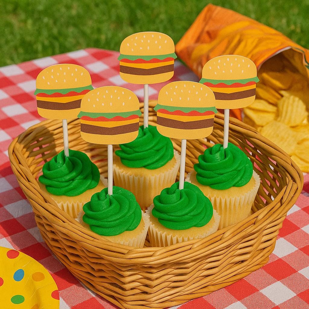 Hamburger Cupcake Toppers, Barbecue Cupcake, Fast Food Cupcake Toppers, Cook Out Cupcake Toppers, Cheeseburger cupcake toppers, Burger Party