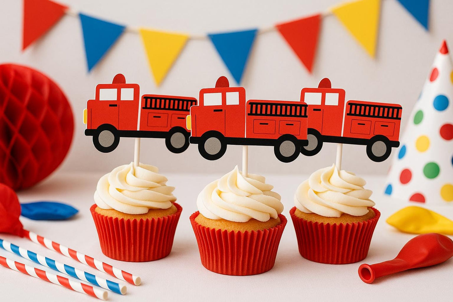 Firetruck Cupcake Toppers Firetruck Birthday Party Firetruck Party Decorations Firetruck Cake Toppers Firetruck Cupcake Picks Fireman Party