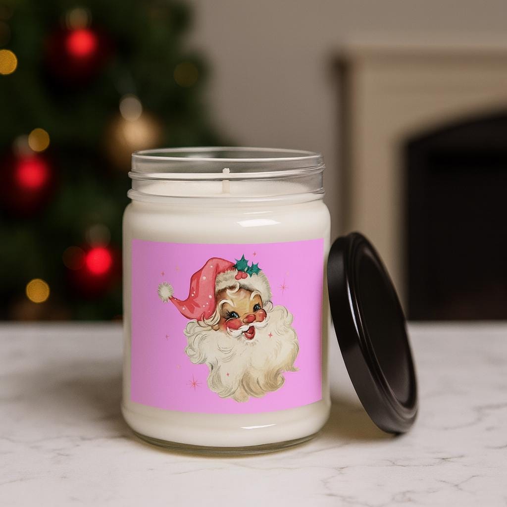 Pink Santa Candle Scented Soy Candle, 9oz | Christmas Holiday Decor | Pink Santa Christmas Candle Gift | Gift for her | Pink Candle