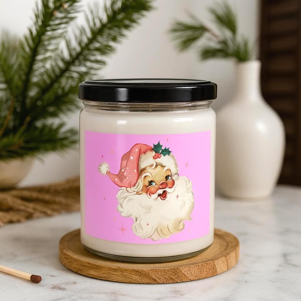Pink Santa Candle Scented Soy Candle, 9oz | Christmas Holiday Decor | Pink Santa Christmas Candle Gift | Gift for her | Pink Candle