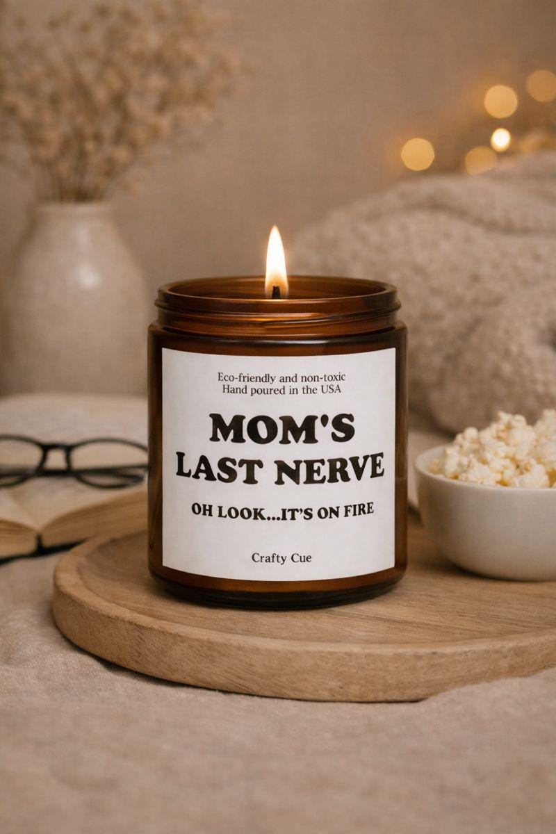 Personalized soy candle in a glass jar with a custom name and funny “last nerve” style message on the label. This scented candle features a clean, modern design and smooth wax surface, making it a humorous yet stylish gift. Ideal as a custom candle gift for coworkers, employees, friends, or partners, perfect for office humor, birthdays, or everyday gifting.