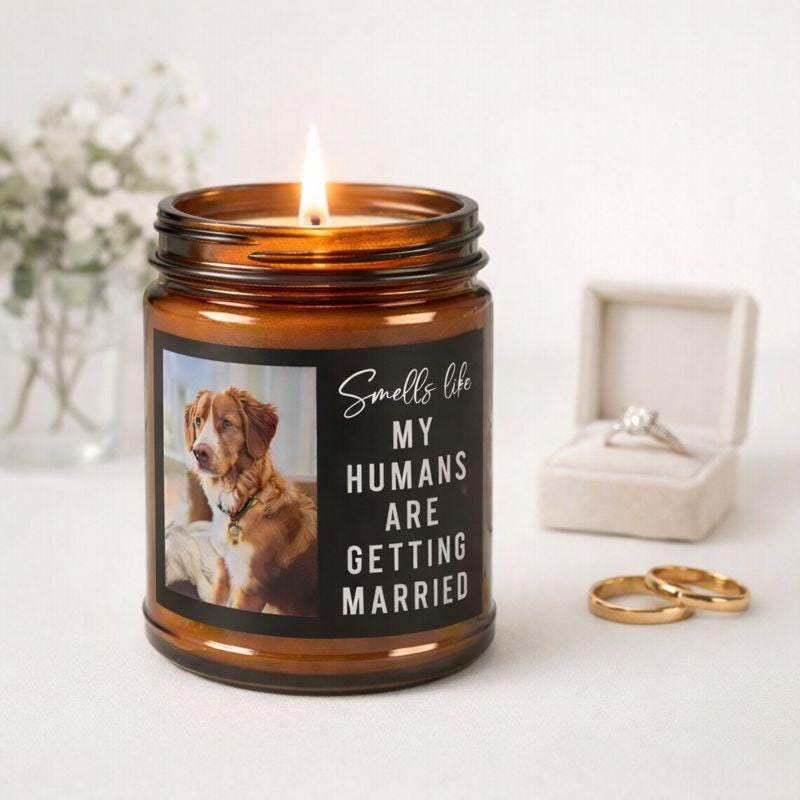 Dog Parents Engagement Gift, Custom Pet Photo, She Said Yes Present, Dog Mom And Dad Bridal Gift, Personalized Amber Jar Candle, Soy Candle