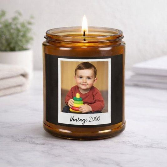Custom Photo Scented Candle, Personalized Picture and Year, Gift for Her, Mother's Day Candle, Birthday Present, Vintage Year Soy Candle
