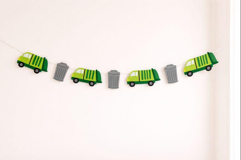 Garbage Truck Garland, Construction Garland, Garbage Truck Banner, Garbage Truck Birthday Banner, Garbage Birthday Party Supplies, Recycle Truck Banner Decorations