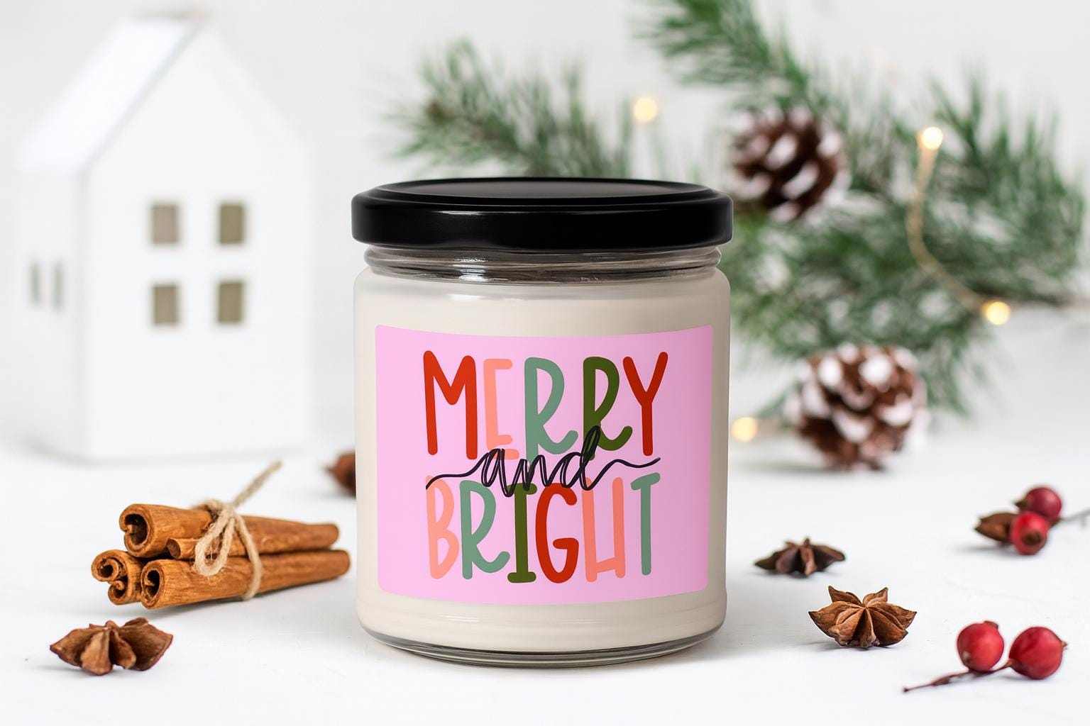 Merry and Bright Candle 9oz Soy Candle | Holiday Scented | Merry and Bright Christmas Gift, Christmas Gift for Her | Cute Christmas Gift