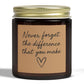 May include: A brown glass jar candle with a gold lid. The label is tan with the text "Never forget the difference that you make" and a heart symbol. The candle is likely scented.