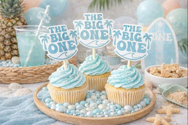 Surf Birthday Cupcake Toppers, The Big One Cupcake Toppers, 1st Birthday Party Toppers, Surf Birthday Party, Surfs Up, Surfer, Catch A Wave