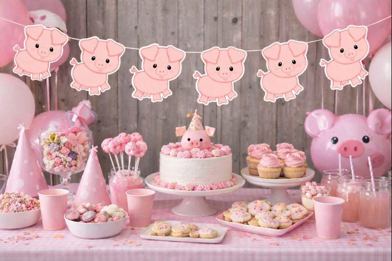 Pig Garland, Pig Banner, Pig Birthday Decorations, Farm Birthday Decor, Pig Party Supplies