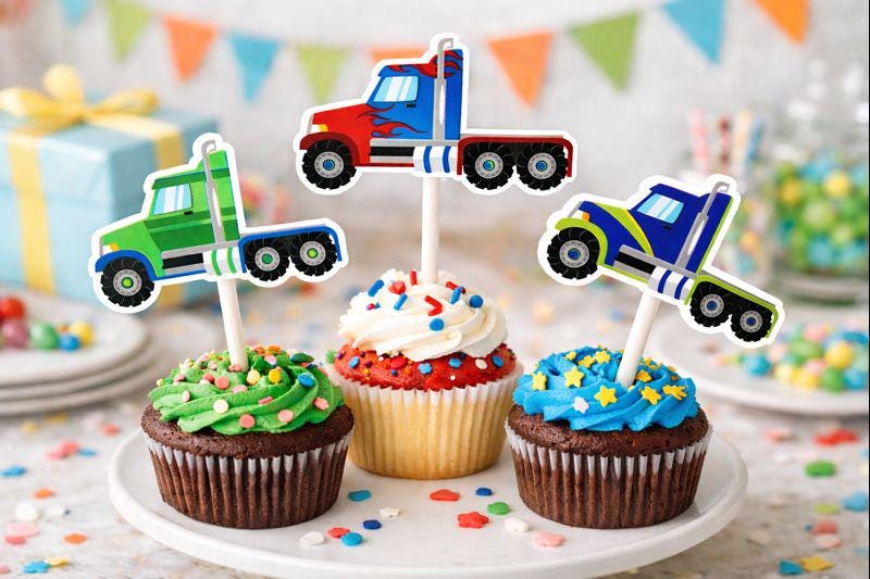 Semi Truck Cupcake Toppers, Truck Birthday Party Decorations, Semi Truck Party Toppers, Truck Cupcake Picks, Transportation Party Supplies