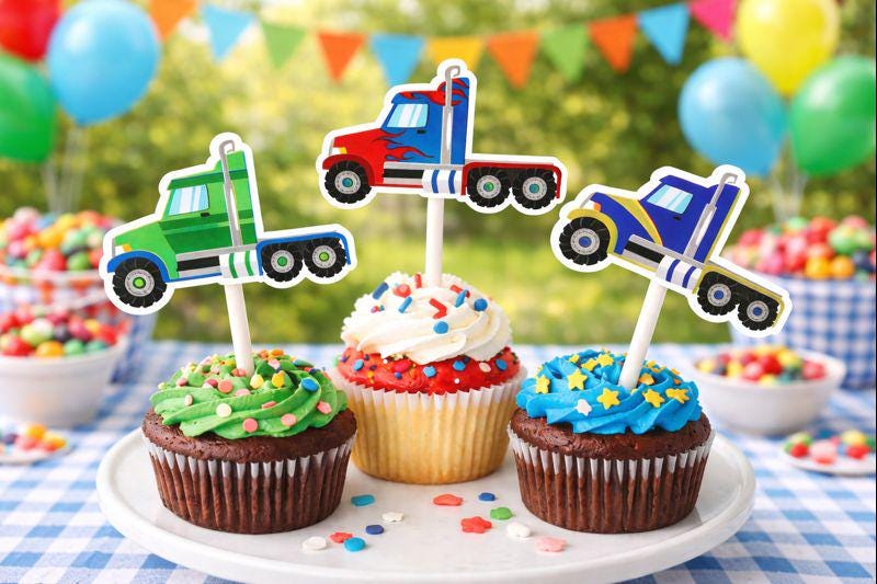 Semi Truck Cupcake Toppers, Truck Birthday Party Decorations, Semi Truck Party Toppers, Truck Cupcake Picks, Transportation Party Supplies