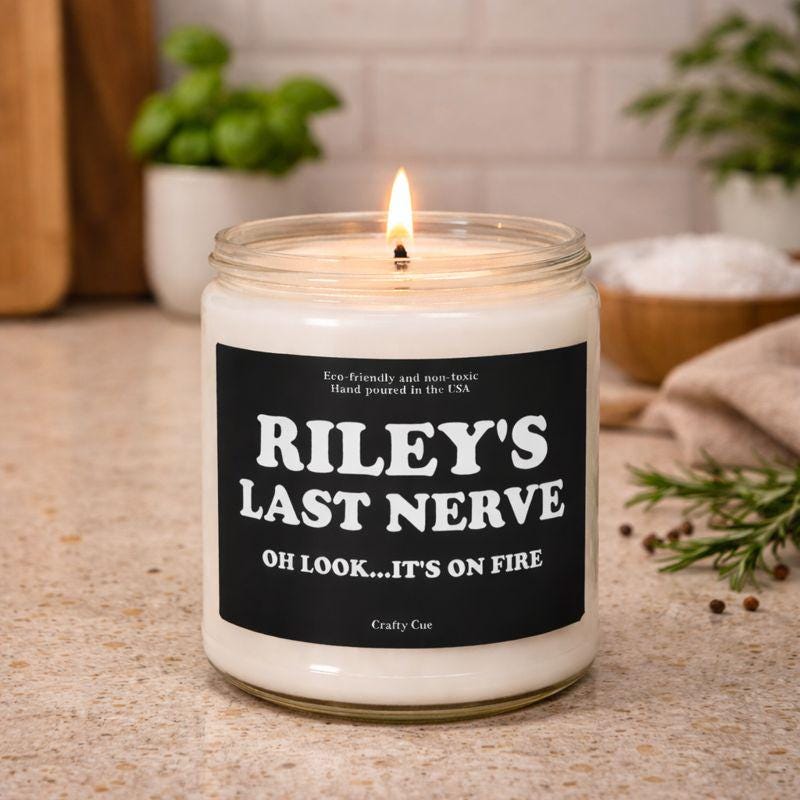 Personalized Last Nerve scented soy candle in a modern glass jar with a custom name printed on the label. The candle features bold lettering with the phrase “Last Nerve,” creating a funny yet stylish design. Hand-poured soy wax with a centered cotton wick gives a clean, smooth appearance. This humorous candle makes a great gift for coworkers, employees, bosses, friends, or family. Perfect for office humor, birthdays, or stress-relief gifts for her or him.
