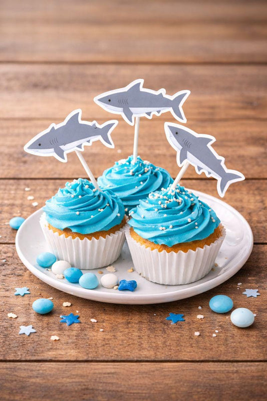 Crafty Cue Shark Cupcake Toppers, Shark Birthday Party Decor, Ocean Theme Cupcake Picks, Under the Sea Party Supplies, Shark Party Cake Toppers