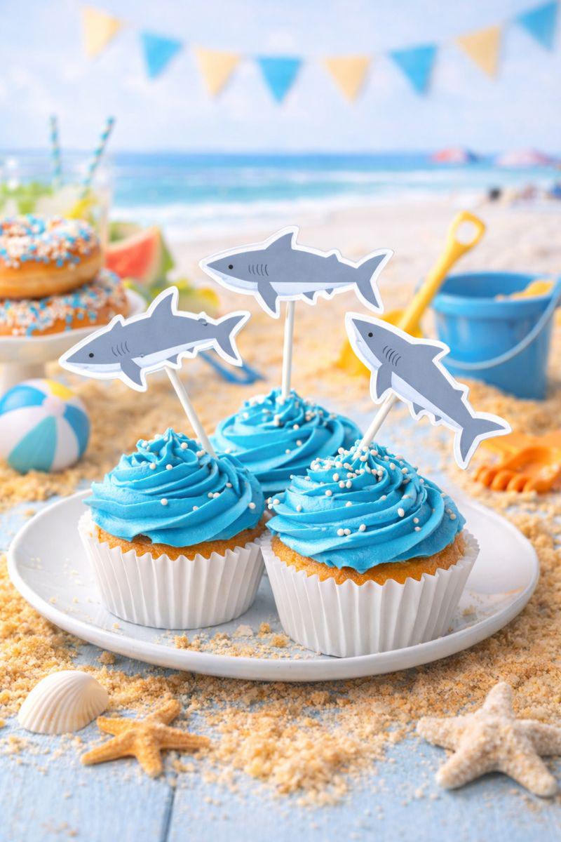 Crafty Cue Shark Cupcake Toppers, Shark Birthday Party Decor, Ocean Theme Cupcake Picks, Under the Sea Party Supplies, Shark Party Cake Toppers
