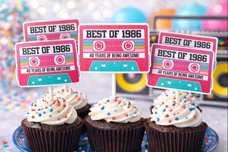 Pink 40th Birthday Party Cupcake Toppers Pink Cassette 40th Birthday Cupcake Toppers Best of 1983 Birthday Vintage 1983 Party 40th Birthday