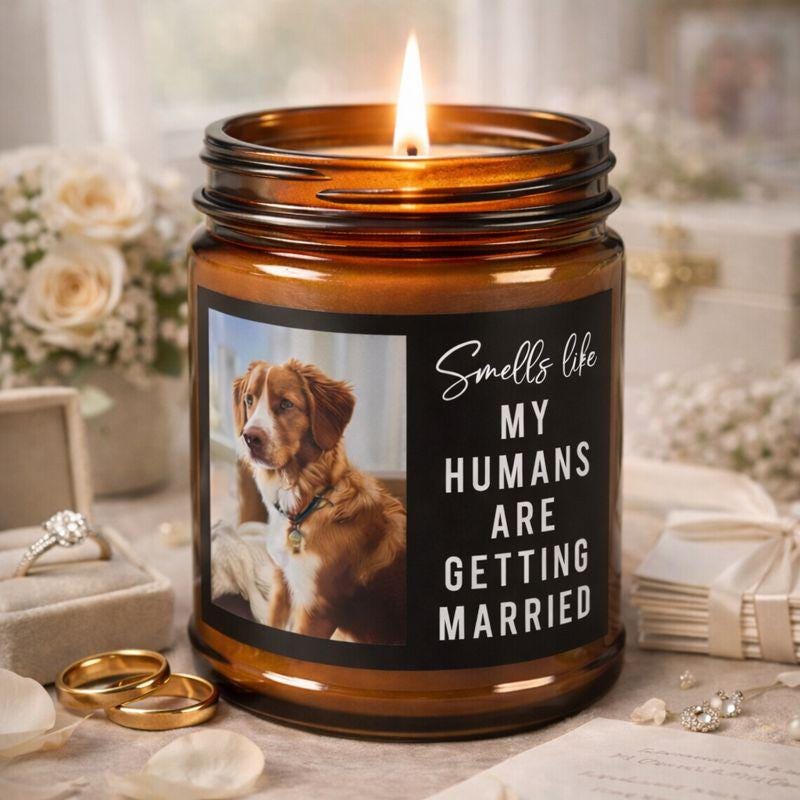Dog Parents Engagement Gift, Custom Pet Photo, She Said Yes Present, Dog Mom And Dad Bridal Gift, Personalized Amber Jar Candle, Soy Candle