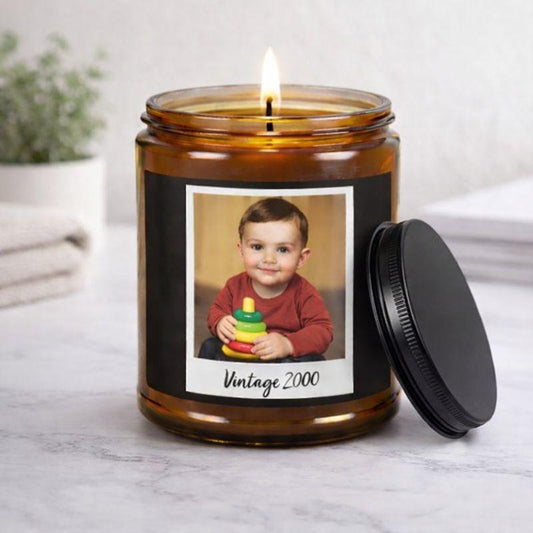 Custom Photo Scented Candle, Personalized Picture and Year, Gift for Her, Mother's Day Candle, Birthday Present, Vintage Year Soy Candle