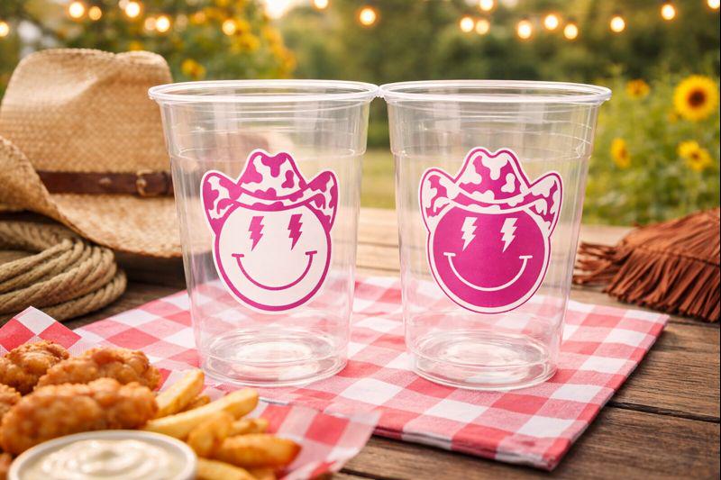 COWGIRL Happy FACE Cups Cowgirl Cups Cowgirl Party Favor Cowgirl Bachelorette Party Cowgirl Birthday Rodeo Party Cow Print Hat Cups Disco