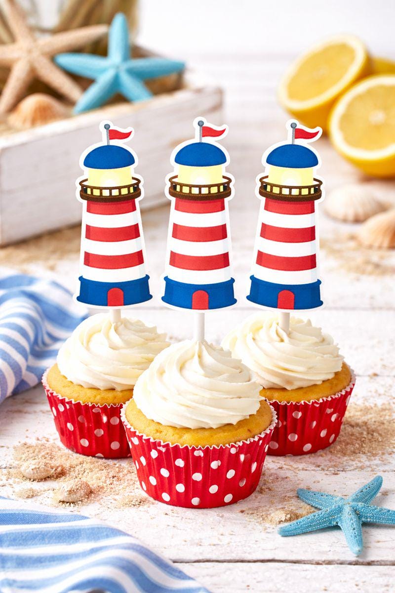 Lighthouse Cupcake Toppers | Nautical Birthday Party Decorations | Beach & Coastal Party Cupcake Picks | Beach Party Decorations | Coastal