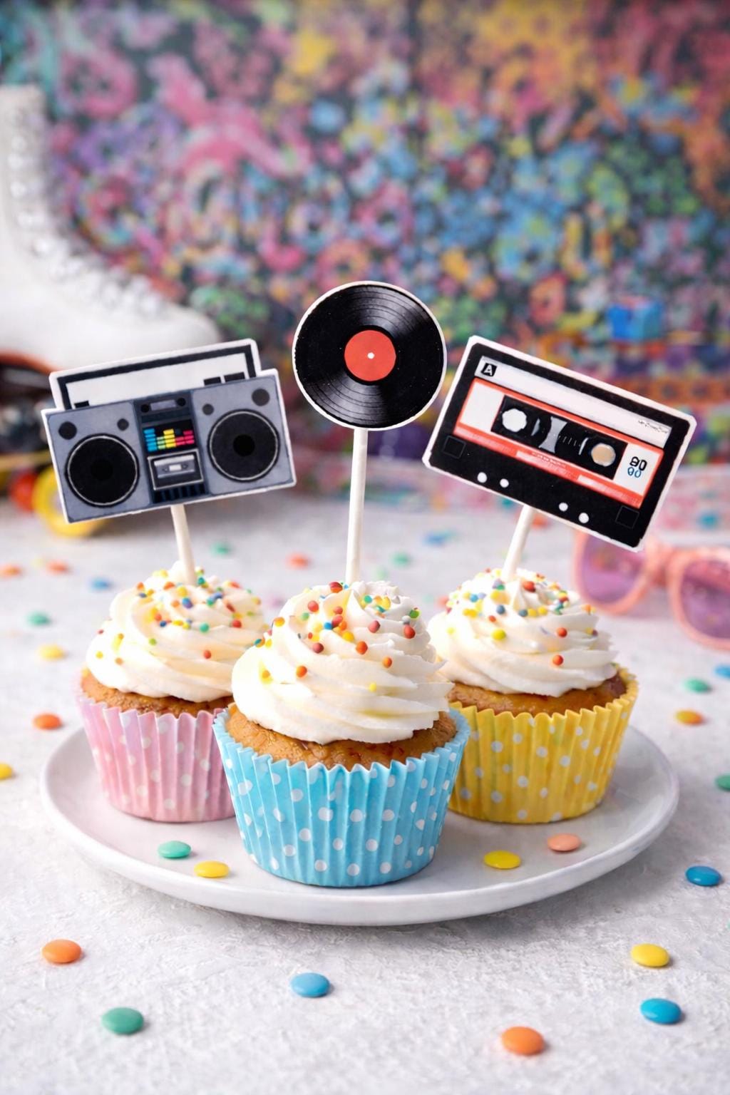 80's Cupcake Toppers - Cassette Tape Cupcake Toppers - Record Cupcake Toppers - Boom Box Cupcake Toppers - 80's Birthday Party 22920927A