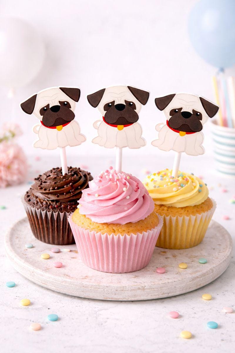 Puppy Party Cupcake Toppers - Pug Cupcake Toppers Pug Birthday Party Pug Party Decorations Puppy Party Cupcake Toppers Dog Birthday Party