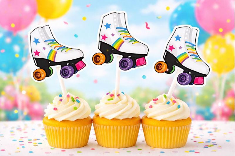 Roller Skate Cupcake Toppers | 80s Party Decorations | Retro Birthday Cupcake Picks | Roller Skating Themed Party Supplies | Roller Skating
