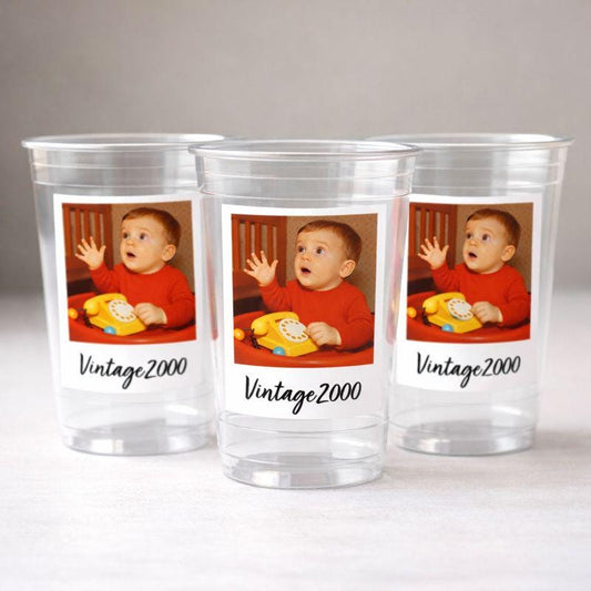 Custom Photo Cups 16oz Personalized Plastic Cups with Text for Parties Events Birthday Supplies Decorations Vintage Est Year Face Cups Party