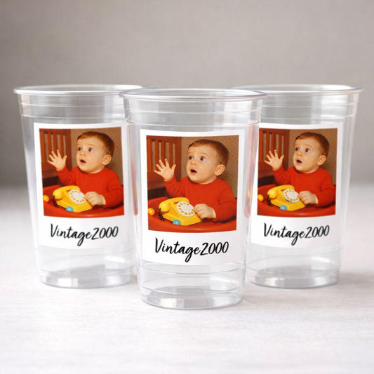 Custom Photo Party Cups 16oz Personalized Plastic Cups with Text for Parties Events Birthday Supplies Decorations Vintage Est Year Face Cups