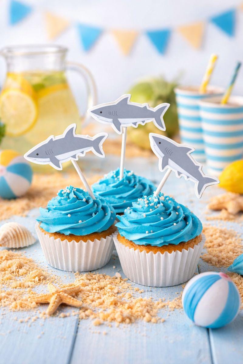 Crafty Cue Shark Cupcake Toppers, Shark Birthday Party Decor, Ocean Theme Cupcake Picks, Under the Sea Party Supplies, Shark Party Cake Toppers
