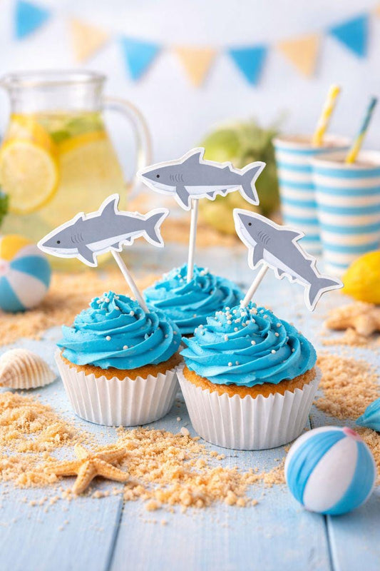 Crafty Cue Shark Cupcake Toppers, Shark Birthday Party Decor, Ocean Theme Cupcake Picks, Under the Sea Party Supplies, Shark Party Cake Toppers