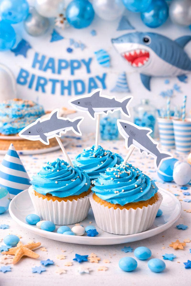 Crafty Cue Shark Cupcake Toppers, Shark Birthday Party Decor, Ocean Theme Cupcake Picks, Under the Sea Party Supplies, Shark Party Cake Toppers