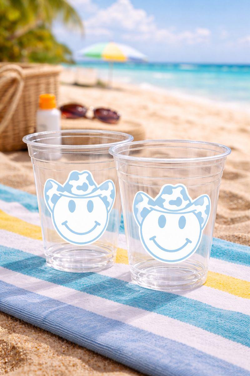 Blue COWBOY PARTY CUPS - Cowboy Cups Cowboy Party Decorations Cowgirl Bachelorette Cow Print Hat Happy Face Cups Cowboy Rodeo Party Cups