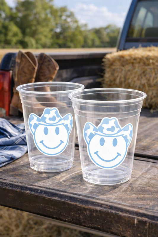 Blue COWBOY PARTY CUPS - Cowboy Cups Cowboy Party Decorations Cowgirl Bachelorette Cow Print Hat Happy Face Cups Cowboy Rodeo Party Cups